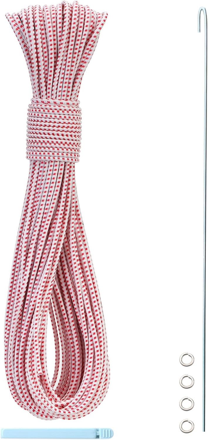 Skiennix Tent Pole Shock Cord - 1/8 Inch Replacement Elastic Bungee Kit | 60ft Length, White/Red