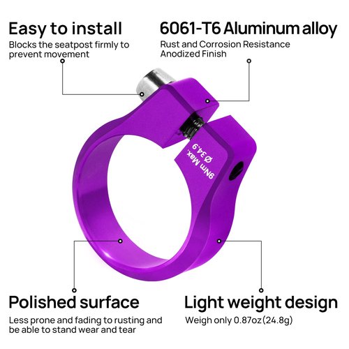 FIFTY-FIFTY Bike Seat Post Clamp, Aluminum Alloy Bicycle Seatpost Collar, 28.6/29.8/31.8/34.9/36.4/38.6mm Bicycle Seat Tube Clip for Most MTB, Road Bikes (34.9mm, Purple)