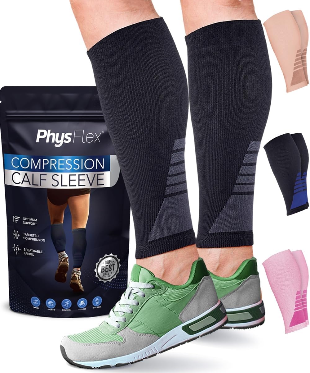PhysFlex Calf Compression Sleeves - Footless Support Socks for Varicose Veins & Shin Splints | Black, Medium (1 Pair)