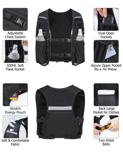 NOOLA Running Vest for Women Men, Lightweight Hydration Vest with Dual 500ML Soft Flasks, Water Backpack Hydration Pack, Adjustable Running Tail Chest Bag for Hiking Race Marathon Cycling (Black)