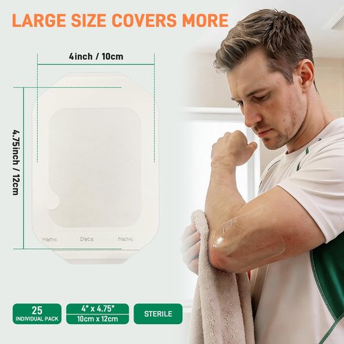 Transparent Film Dressing 4'' x 4.75'', 25 Packs Clear Waterproof Bandages for Wounds, Large Adhesive Patches Breathable Wound Cover for Post Surgical, Shower, Swimming, Tattoo Aftercare, IV Shield