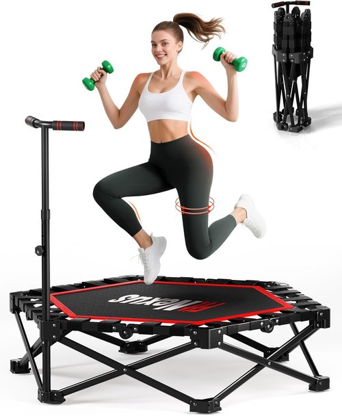 42" Foldable Mini Trampoline - 450lb Capacity Fitness Rebounder with 3-Level Adjustable T-Bar | Non-Slip Pad for Home or Gym Workouts