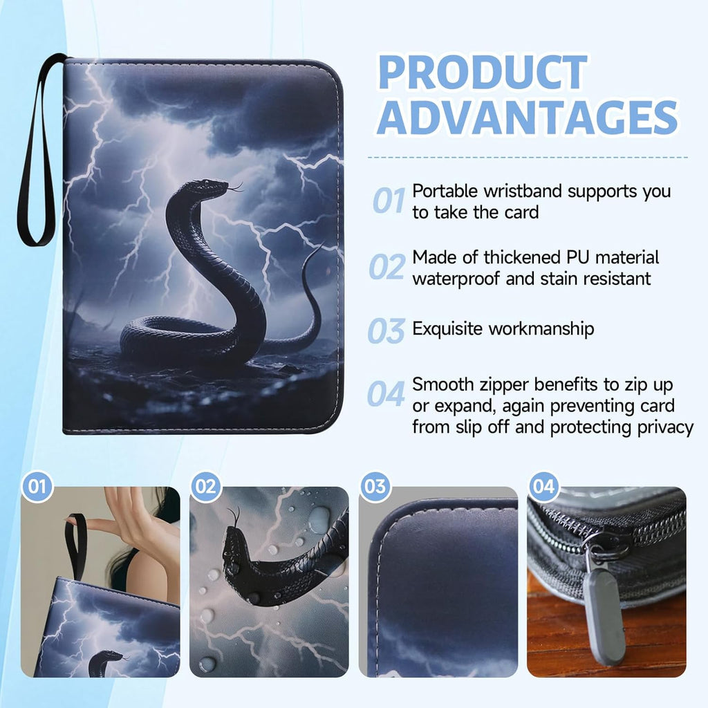 Skiennix Trading Card Binder - Premium 4-Pocket Album with 400 Removable Sleeves | Waterproof Black Serpent Design
