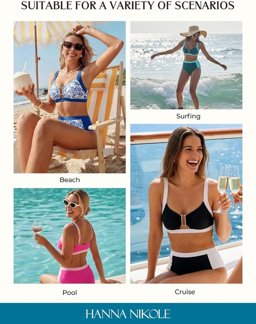 Hanna Nikole Womens High Waisted Bikini Sets, Slimming Modest Tummy Control Swimsuits, Cutout Crisscross Curvy Swimwear