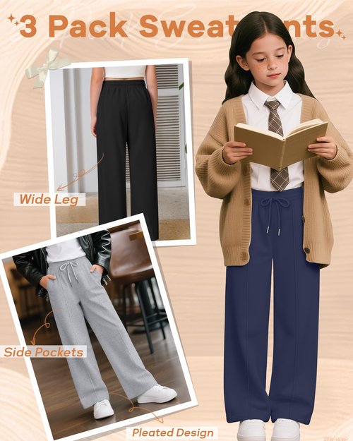 LessonZoo 3 Pack Girls Wide Leg Sweatpants Drawstring Baggy Pants Teen Girls Athletic Joggers Pants with Pockets 5-14Y(Navy Blue, Light Heather Gray, Black,11-12 Years)