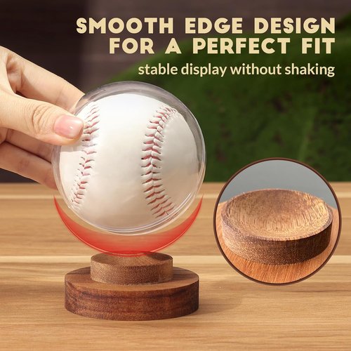JupDec Baseball Display Case - Round Clear Ball Holder with Wooden Base | Acacia Wood, Brown
