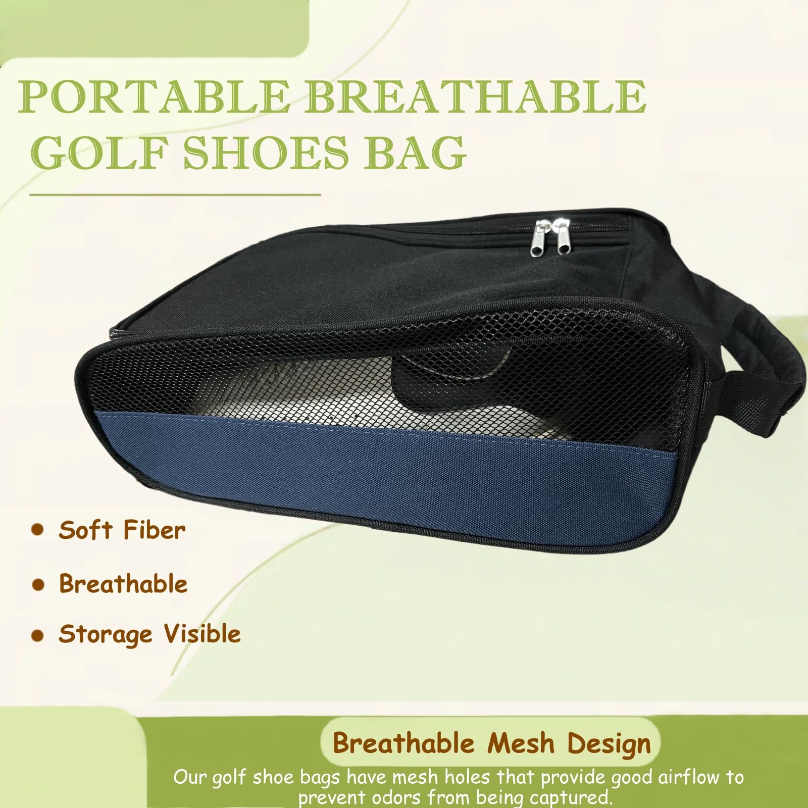 Suaetiai Golf Shoe Bag for Men Women, Mesh Travel Bag for Shoes, Water Proof Ventilation Shoe Bags for Gym, Outdoor Shoes Carrier with Zippered and Handle (Black/Blue-1 Pack)