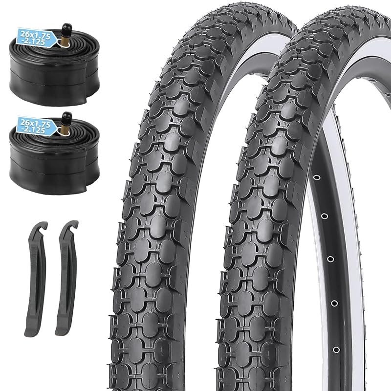 2-Pack 26x2.125 Cruiser Tire Set with Tubes & Levers - White Wall, Knobby Tread (Variation: White Sidewall+26x2.125)