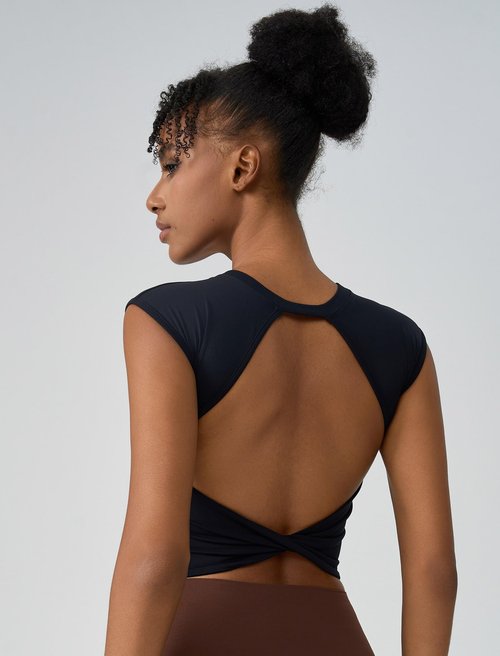 ABOCIW Workout Tops for Women Built in Bra Open Back Longline Sports Bras Cap Sleeve Athletic Yoga Crop Top Gym T Shirts Black Medium