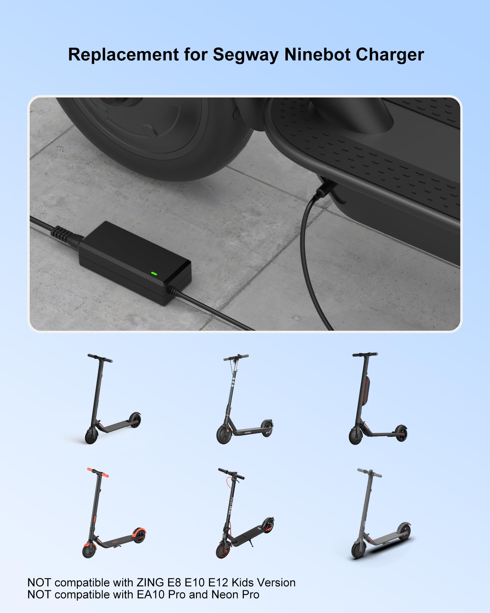 VHBW 42V Scooter Charger Compatible with Ninebot G30LP ES2 ES4 ES1L F20 F30 F40 E22 E25 M365 Pro/Pro2 Lime-S Electric Scooter with 36V Battery Compatible with Ninebot Electric Scooter Charger