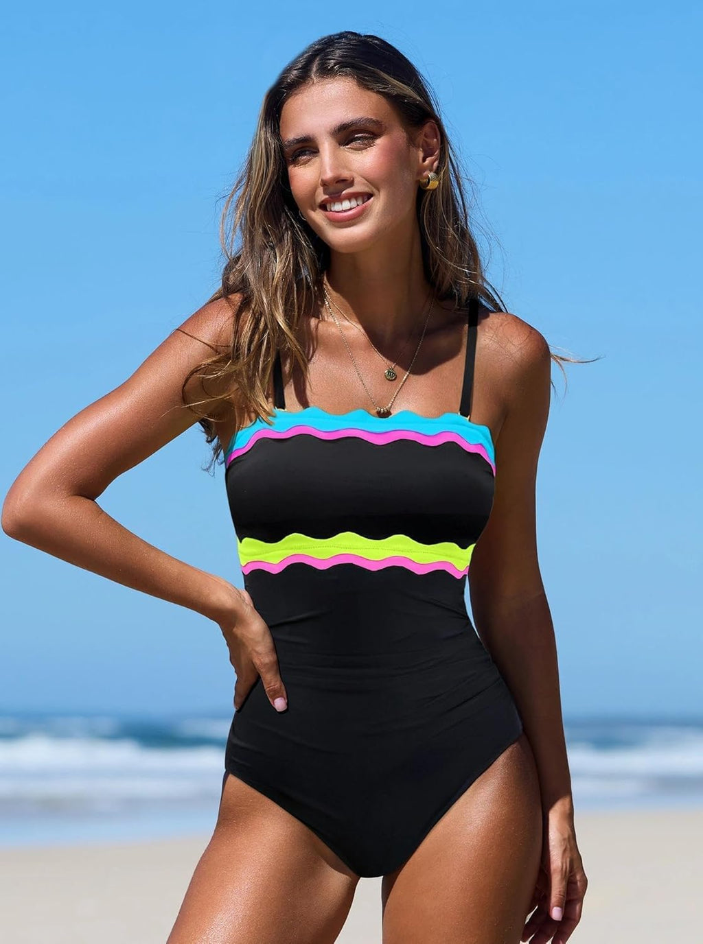 Popvil One Piece Swimsuit - Tummy Control Strapless Neon Bandeau Bathing Suit for Women