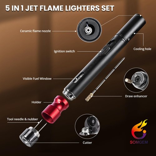 SOMGEM Butane Torch Lighter, 5 in 1 Jet Flame Lighters Set with Built-in Cutter Punch, Holder Function, Draw Tool and Twin Nubber, Pen Shaped Windproof Gas Lighter Accessories kit, Mens Gifts