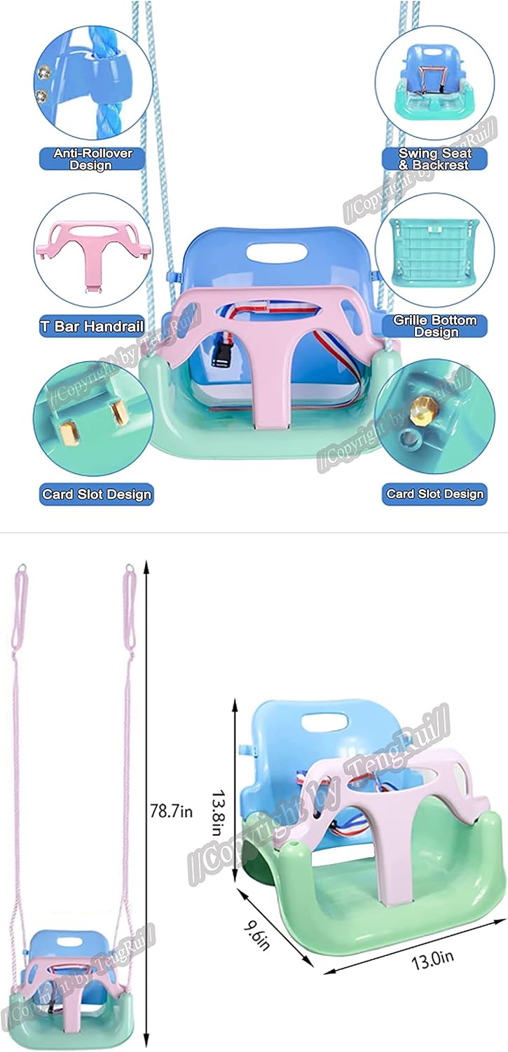 Skiennix 3-in-1 Swing - Anti-Flip Design for Toddlers to Teenagers | Macarons Color, Light Green Chair & Pink Handrail