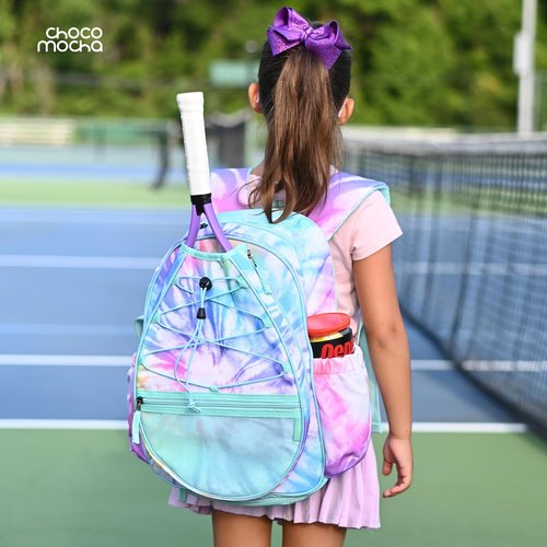 Choco Mocha Kids Tennis Bag for Girls, 16 Inch Youth & Junior Tennis Backpack with Shoe Compartment, Holds 2 Rackets (21–23 Inch), Solid Purple