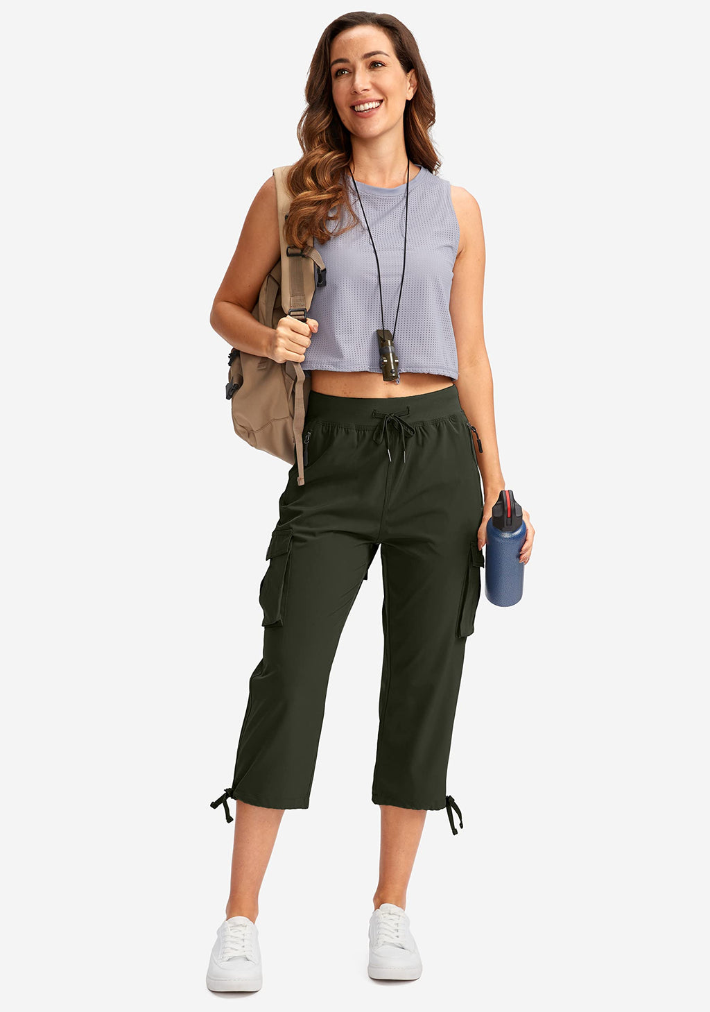 Soothfeel Women's Cargo Capris Pants with 6 Pockets Lightweight Quick Dry Travel Hiking Summer Pants for Women Casual (Army Green, XXL)