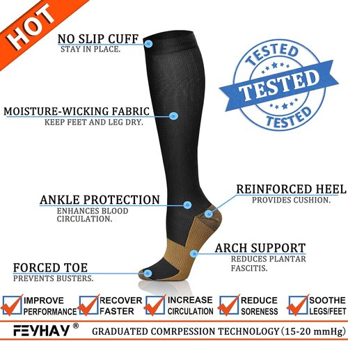 FEYHAY Copper Compression Socks - 15-20 mmHg for Enhanced Circulation | 8 Pairs for Men & Women