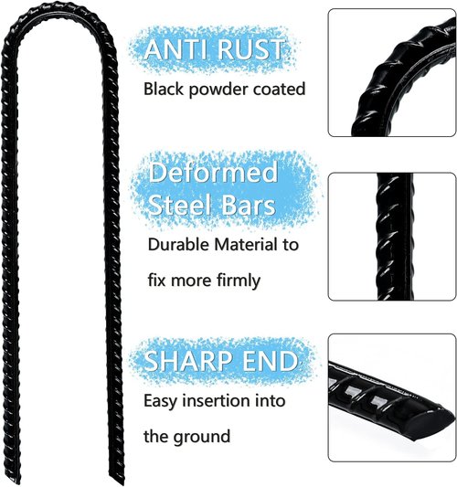 Gtongoko Heavy-Duty Rebar Stakes - U Hook Ground Anchors for Camping Tents | 12-Inch Curved Steel Garden Support (8-Pack)