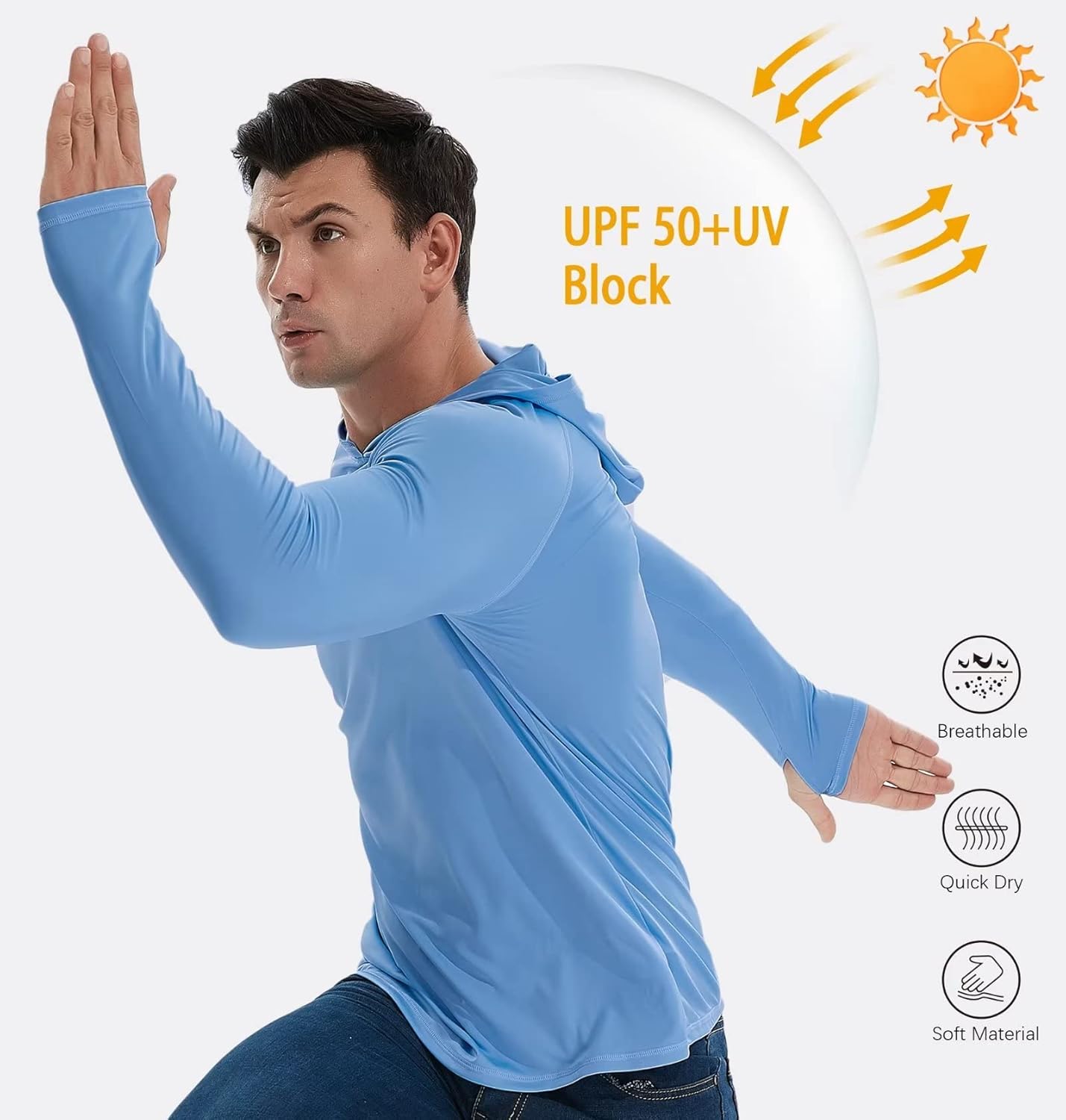 TELALEO Men's UPF 50+ Sun Protection Hoodie - Lightweight Long Sleeve SPF UV Shirt for Fishing & Running