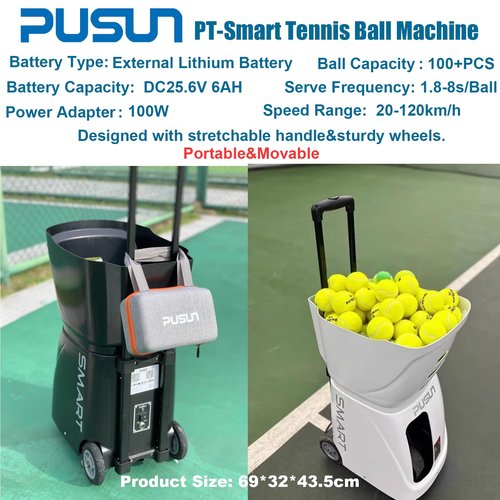 PUSUN Tennis Ball Machine, Tennis Ball Launcher with App/Remote/iWatch Control, Max Speed of 75Mph, 1.8-8s/Ball, Multiple Training Modes(AI Drill/Programming/Random/Vary Speed) 4-6Hrs Battery Life