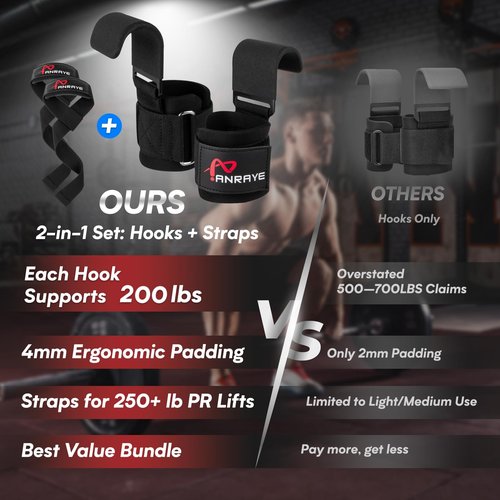 Weight Lifting Hooks & Wrist Straps Set – Lifting Hooks with Anti-Slip Grip, Adjustable Wrist Wraps for Weightlifting, Deadlifts, Powerlifting, Gym Straps for Men and Women, Black-Red