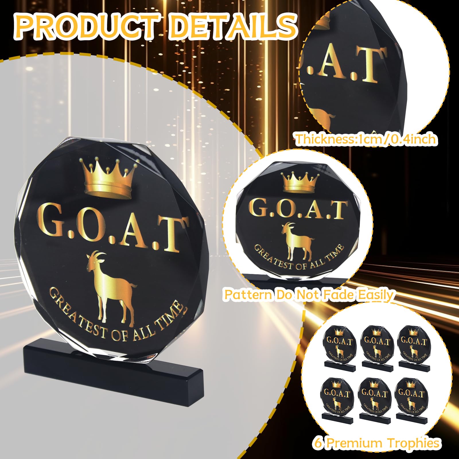 6 Pcs Goat Trophy Award Acrylic Award Greatest of All Time Funny Trophy Award Appreciation Gift for Boss, Coworker, Friend League Champion Award Winner Sports Award Appreciation Recognition Gift
