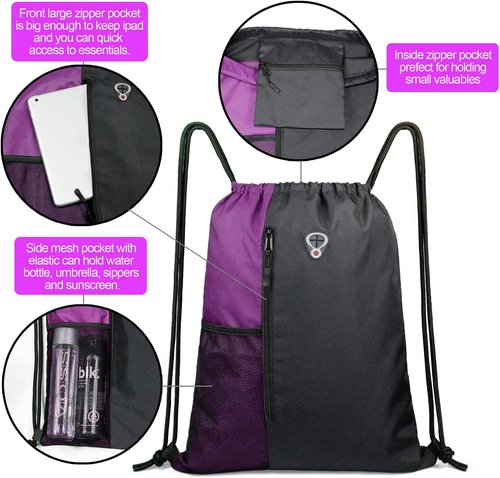 BeeGreen Purple Drawstring Backpack - Large Cinch Sack Gym Bag with Zipper & Mesh Pockets, 16 x 20 Inch