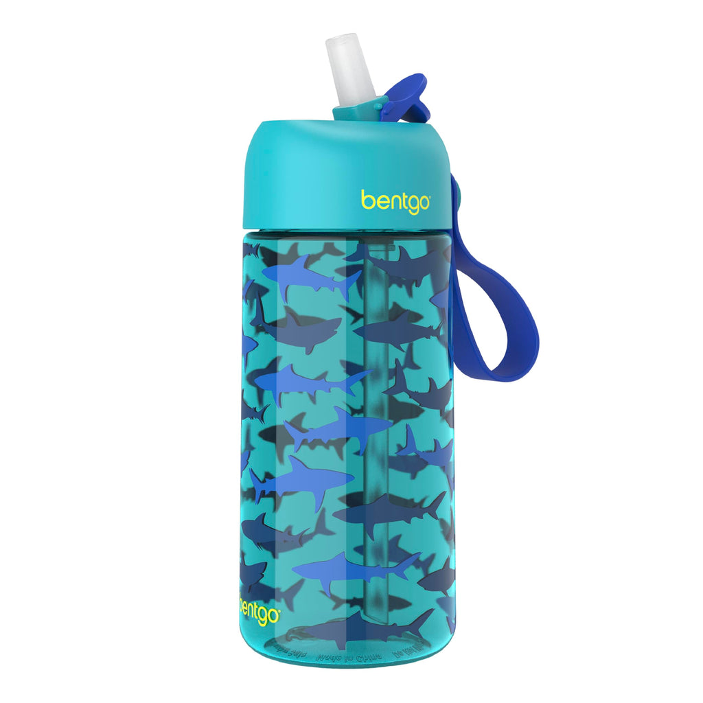 Bentgo Kids Water Bottle - Leak-Proof, Durable Tritan PFAS- & BPA-Free 15 fl oz, Kids/Toddlers Ages 3+ for School & Sports; Bite & Sip Spout, Carrying Handle, Dishwasher Safe (Sharks)