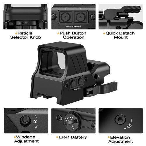 MidTen 1X22X33 Red Green Dot Sight 4 Reticles Reflex Sight Quick Detach Mount 20mm Rail