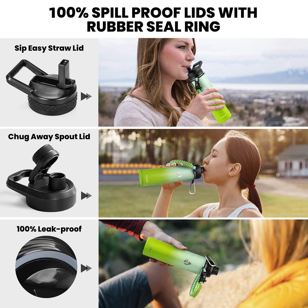 RAYMYLO Insulated Water Bottle 24 oz, Triple Wall Vacuum Stainless Steel (Cold for 24Hrs, Hot for 12Hrs), Leak Proof & Non-BPA, Modern Water Flask Jug with Paracord Handle & Straw Spout Lids