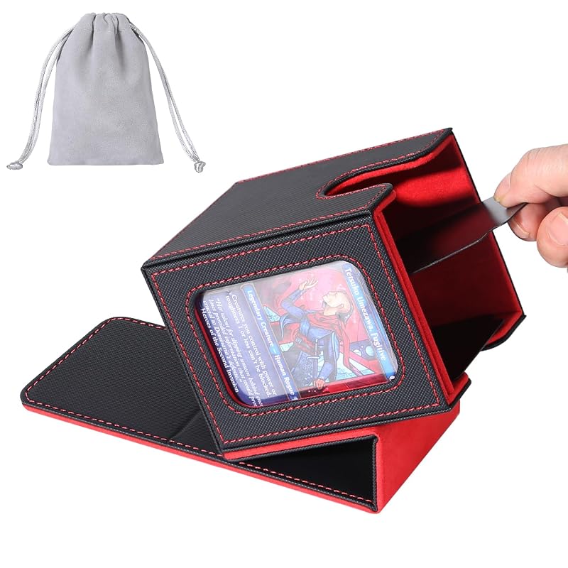AFIING MTG Commander Deck Box with Drawstring Bag, 100 Double-Sleeve Cards, 2 Dividers, Toploader – Black/Red