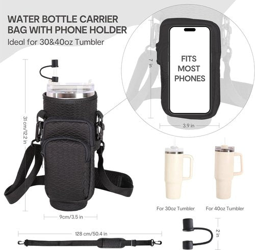 And Per Se Neoprene Water Bottle Carrier Bag - Crossbody Sling for Stanley 40oz Tumbler, Adjustable Strap & Phone Pocket (Black)