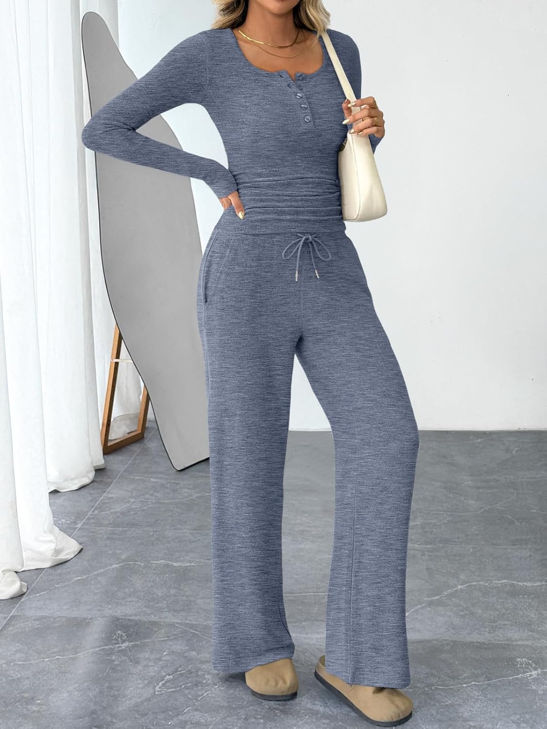 Trendy Queen Women's 2-Piece Lounge Set - Cozy Henley Neck Sweater & Wide Leg Pants Outfit