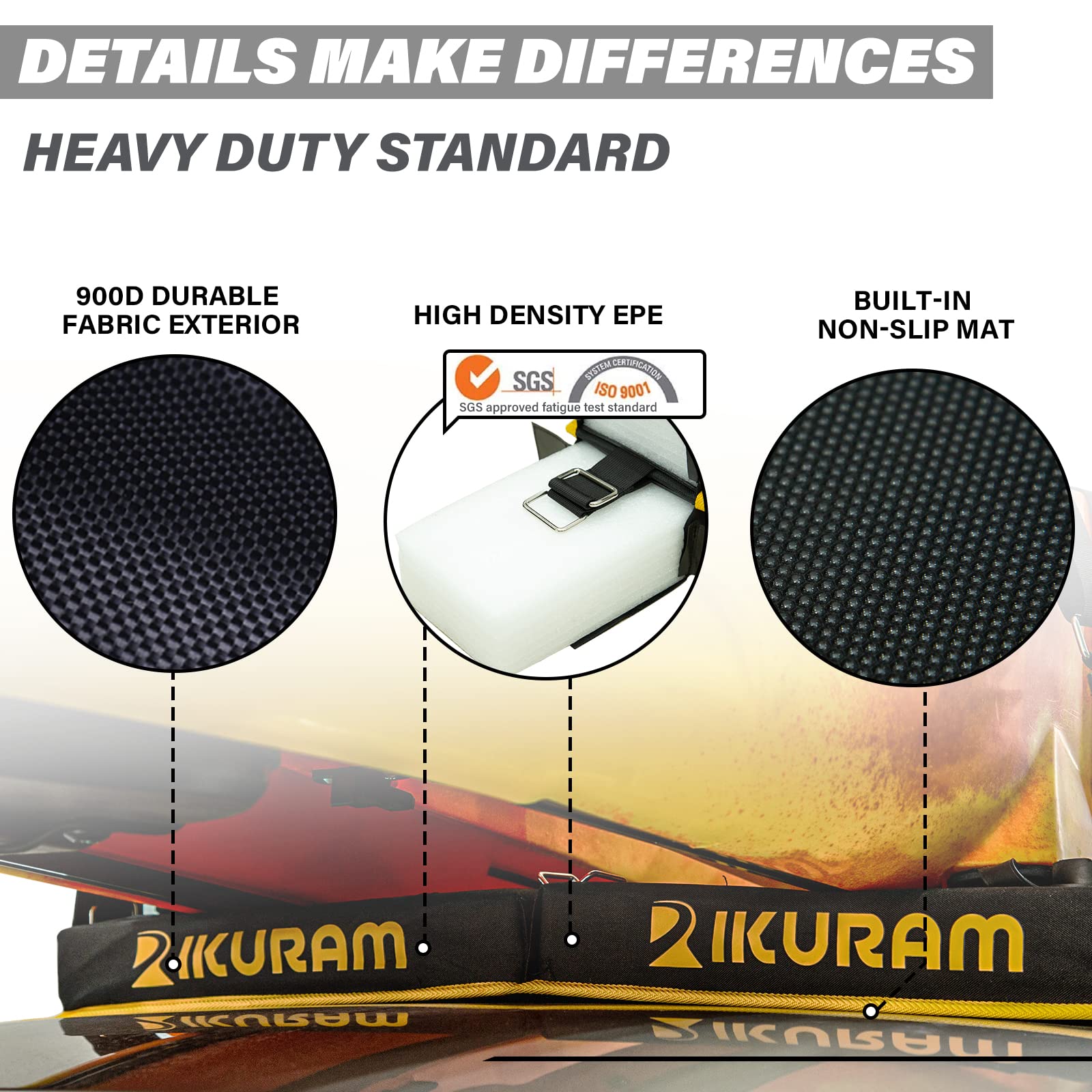 IKURAM Surfboard Car Roof Rack Pads, Universal Soft Roof Rack Carrier for Kayak Paddle Board SUP Canoe Ladder with 6 Heavy Duty Tie-Down Straps, Storage Bag