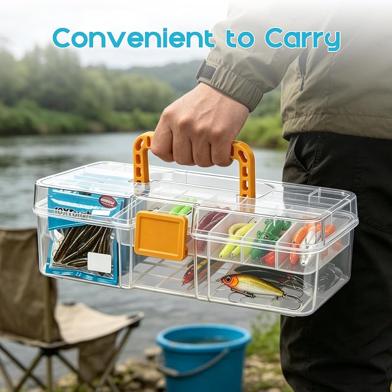 Clear 2-Layer Fishing Tackle Box Organizer with Tray and Locking Latch