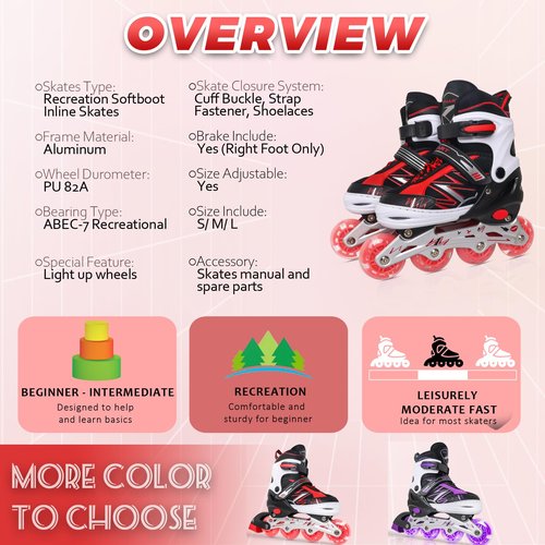 LEJIJIT Adjustable Kids Inline Skates for Girls Boys Children Beginners, Black & Red Inline Skates with Light Up Wheels for Kids and Youth for Indoor Outdoor Sports (Large)