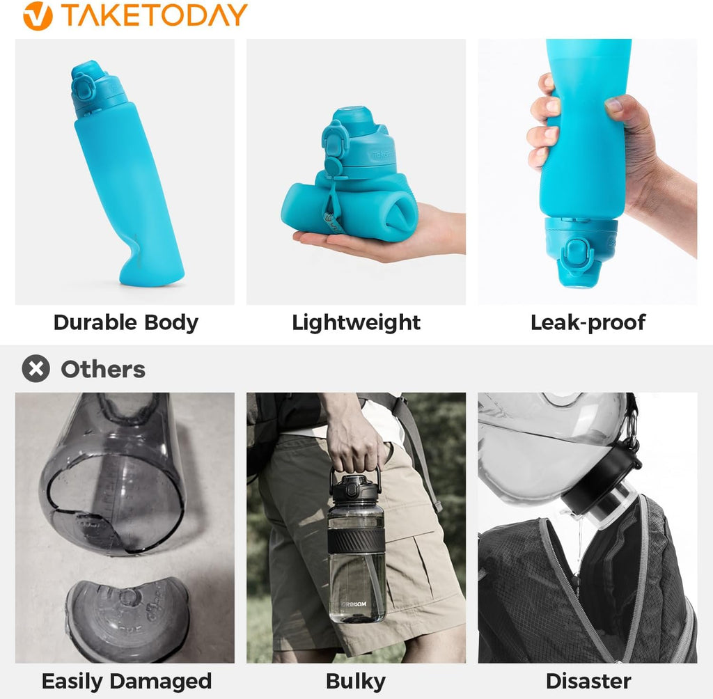 TakeToday Collapsible Water Bottles - 32oz & 20oz | Compact, Leakproof Silicone for Travel & Hiking