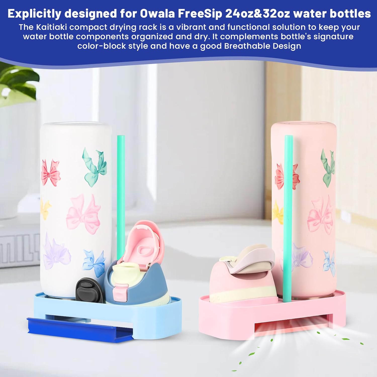 Owala Bottle Drying Rack - Portable Space-Saving Stand with Drain Tray & 4 Cleaning Brushes | Fits 24/32/40oz (Blue)