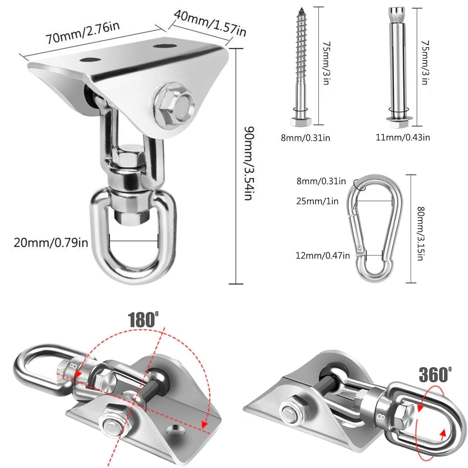 Skiennix Swing Hanger - Heavy Duty 2000LB Capacity Hammock Kit | 360° Rotating Stainless Steel Brackets - 2 Packs