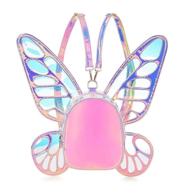Women's Laser Holographic Backpack with Butterfly Angel Wings - Variation: Laser Pink