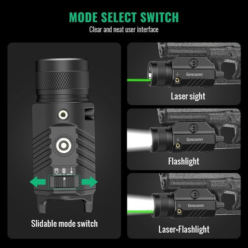 Gmconn Tactical Flashlight with Green Laser Light Combo - 1250 Lumen Rechargeable Pistol Light