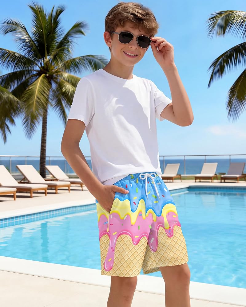 Summer Ice Cream 10-12 Years Boys Swim Trunks with Compression Liner, Quick-Dry Beach Shorts
