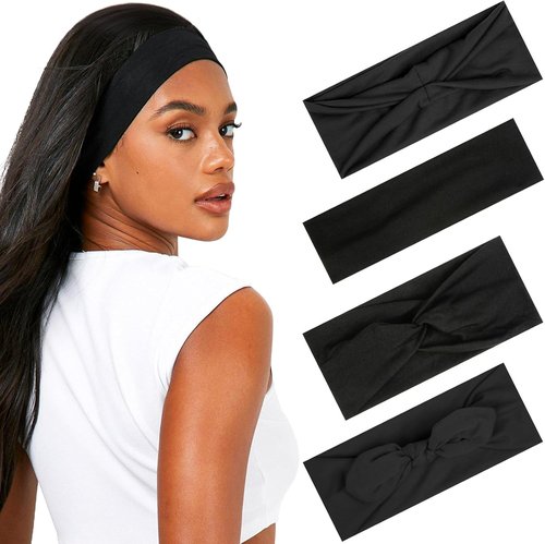 Huachi Women's Black Headbands - Non-Slip Elastic Hair Accessories | Pack of 4 Stylish Workout Bands