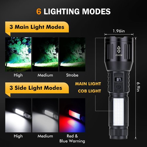 Flashlight Rechargeable High Lumens, 1,500,000L Super Bright LED Tactical Flashlights, High Powered Handheld Rechargeable Flash Light with 6 Modes, Type-C, Side Light, Long Runtime for Camping