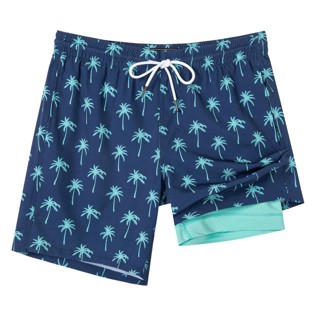 SURF CUZ Mens Swim Trunks with Compression Liner Quick Dry Swim Shorts 7" Swimming Trunks Stretch Bathing Suit Zipper Pockets,Beachside Palms,XS