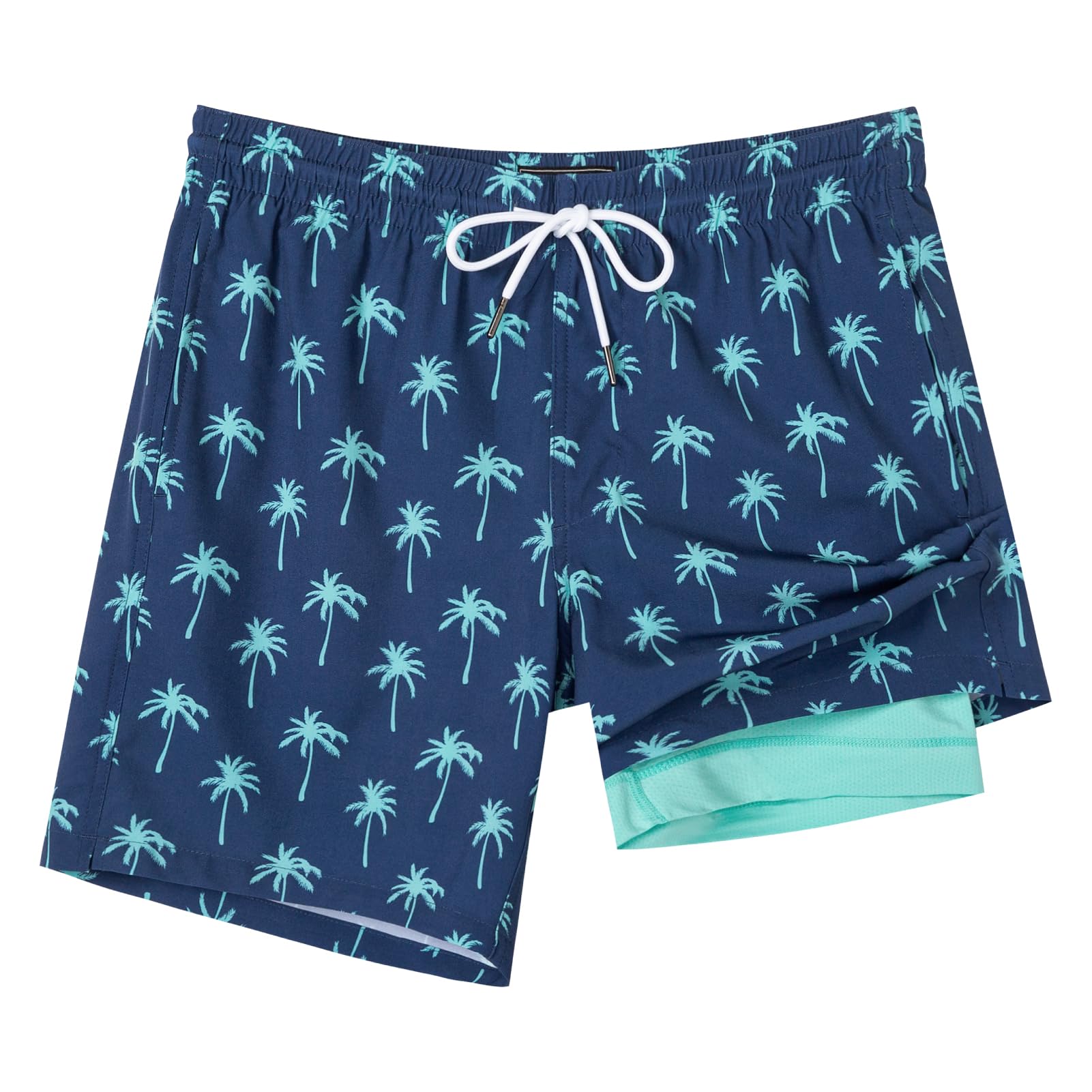 SURF CUZ Mens Swim Trunks with Compression Liner Quick Dry Swim Shorts 7" Swimming Trunks Stretch Bathing Suit Zipper Pockets,Beachside Palms,XS