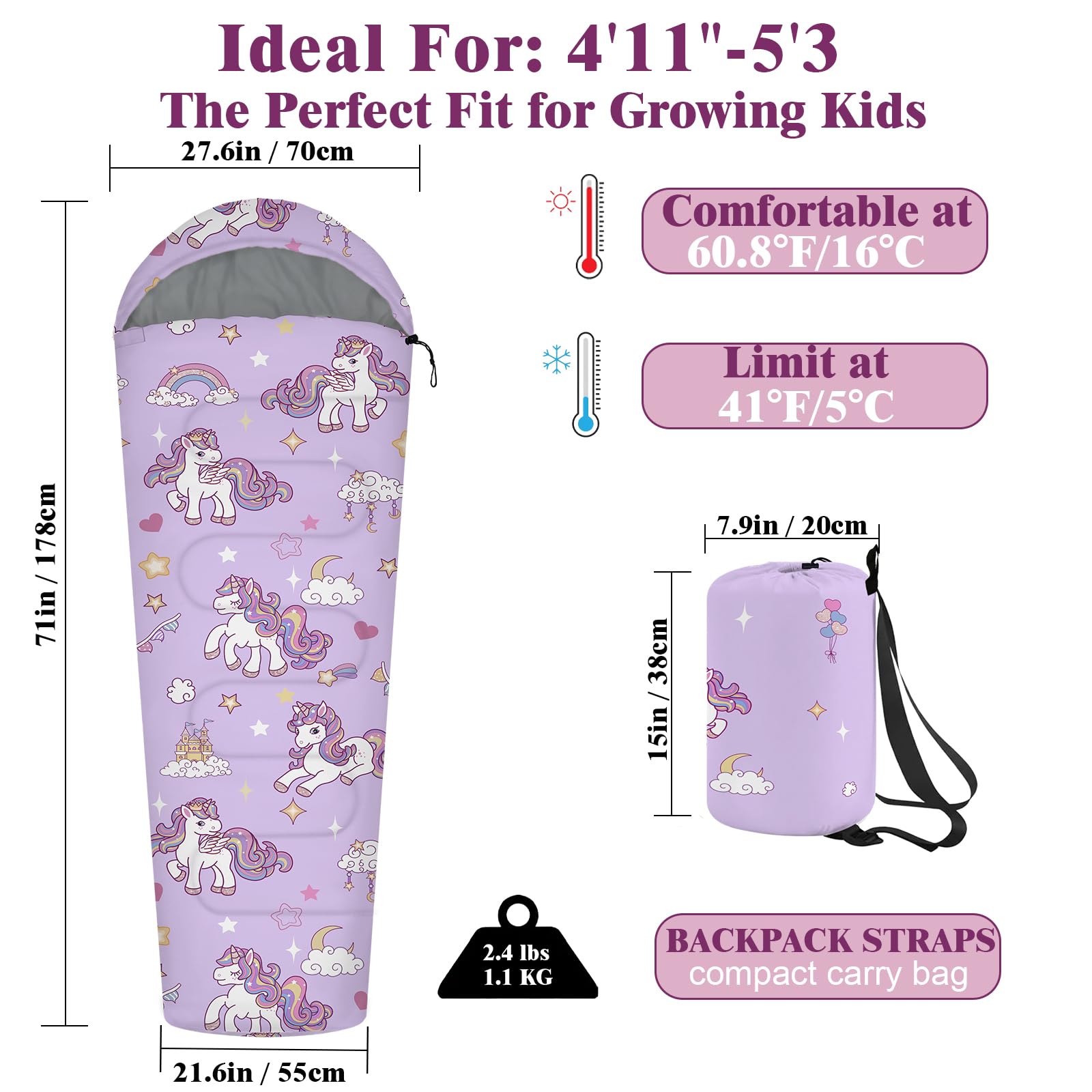 YOVOMEE Kids Sleeping Bag for Girls, 3 Season Sleeping Bag with Backpacking Bag, Warm & Cool Weather, Portable for Travel, Sleepovers, Indoor & Outdoor Camping, Machine Washable