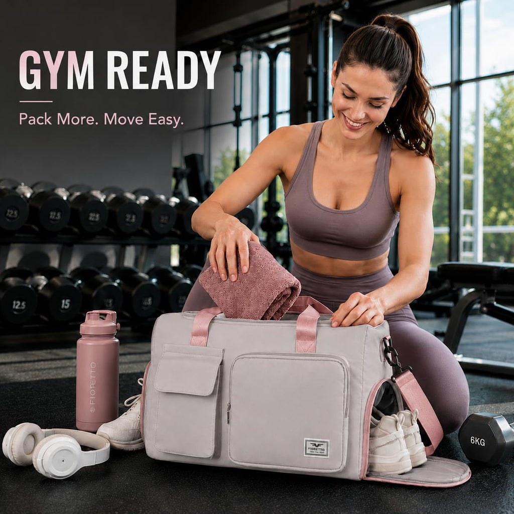 FIORETTO Women's Gym Duffle Bag with Shoes Compartment, 30L Capacity, Ideal for Travel, Gym, Sports, Duffel, Weekender, Grey & Pink
