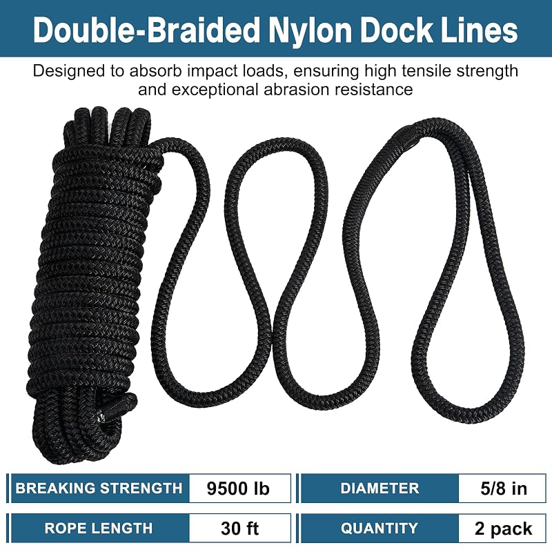 2 Pack 5/8" x 30' Dock Lines - Improved Nylon Boat Ropes, Black - 9500 lbs