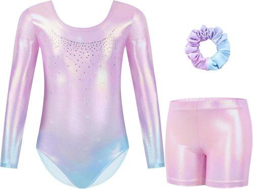 Gogokids Gymnastics Leotards - Sparkly Rhinestone Long Sleeve Dance Unitards for Girls 3-12 Years