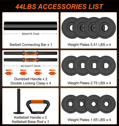 DICAO Adjustable Weights Dumbbell Set 22LBS/44LBS, 4 in 1 Barbell Weight Set for Women Men, Free Weights Exercise & Fitness Dumbbells for Home Gym, Hand Weightlifting Muscle Strength Training（20KG Kettlebell）